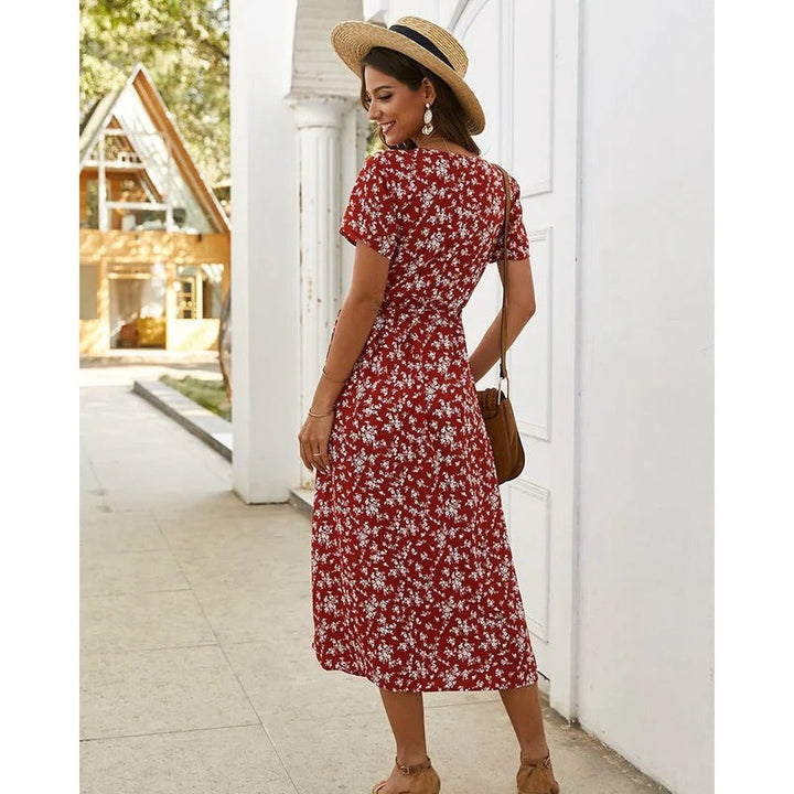 Women’s Floral Wrap Midi Dress with Tie Waist
