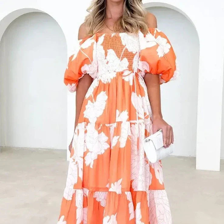 Women’s Abstract Print Puff-Sleeve Maxi Dress