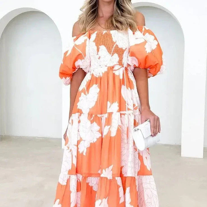 Women’s Abstract Print Puff-Sleeve Maxi Dress