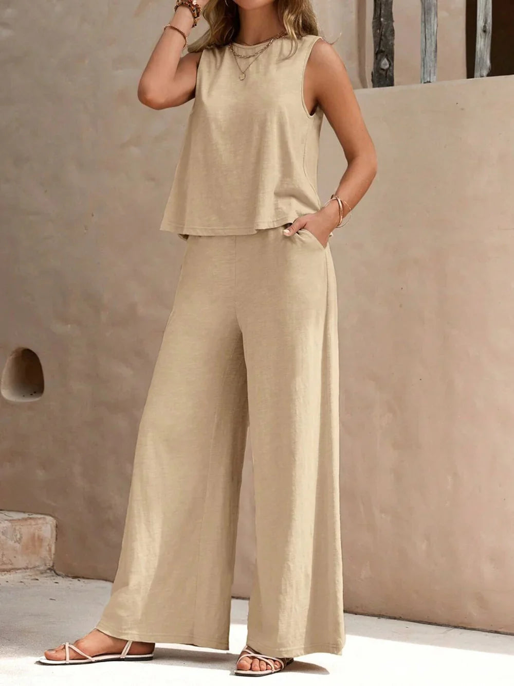 Women’s Two Piece Set with Sleeveless Top and Wide Leg Pants