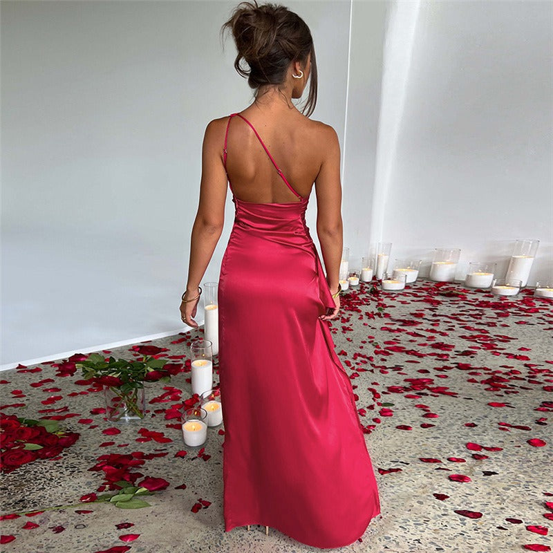 Women’s One-Shoulder Satin Maxi Dress with Side Slit