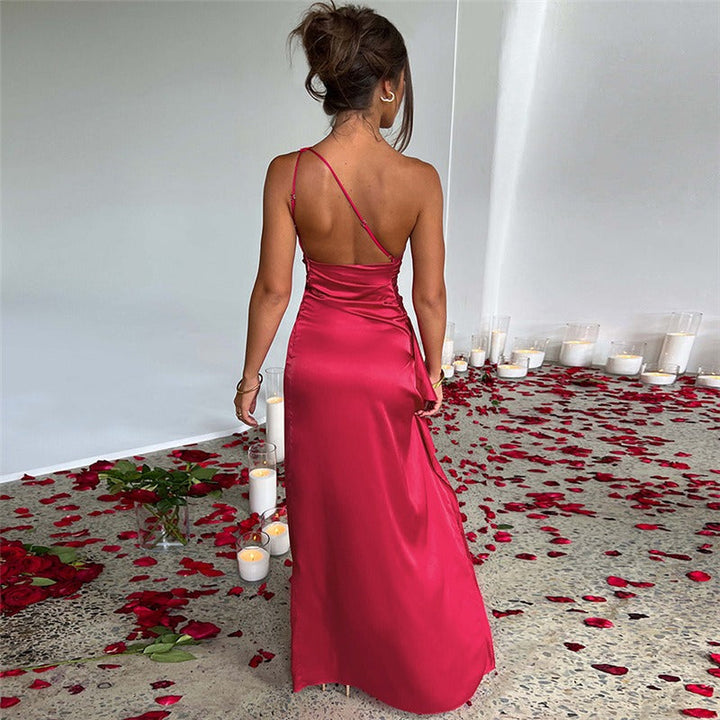 Women’s One-Shoulder Satin Maxi Dress with Side Slit