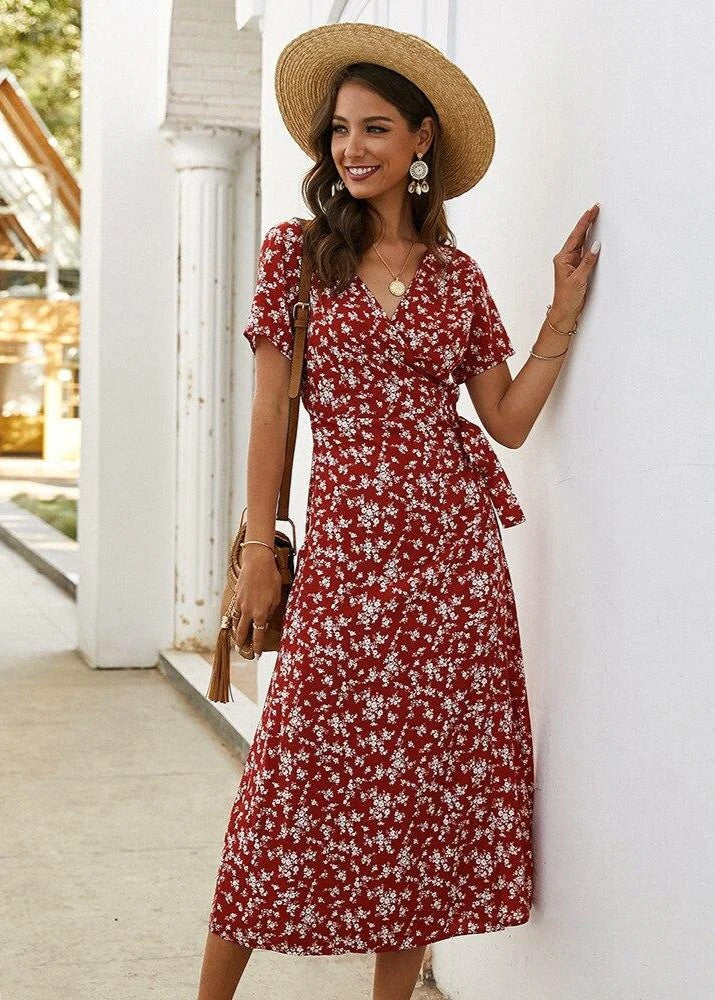 Women’s Floral Wrap Midi Dress with Tie Waist