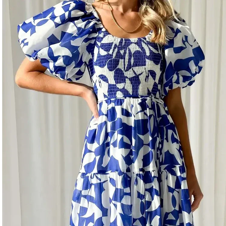Women’s Abstract Print Puff-Sleeve Maxi Dress
