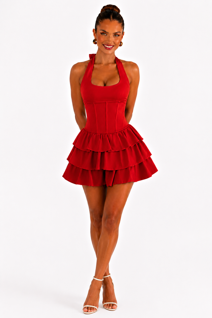 Women's Halter Neck Ruffle Summer Mini Dress