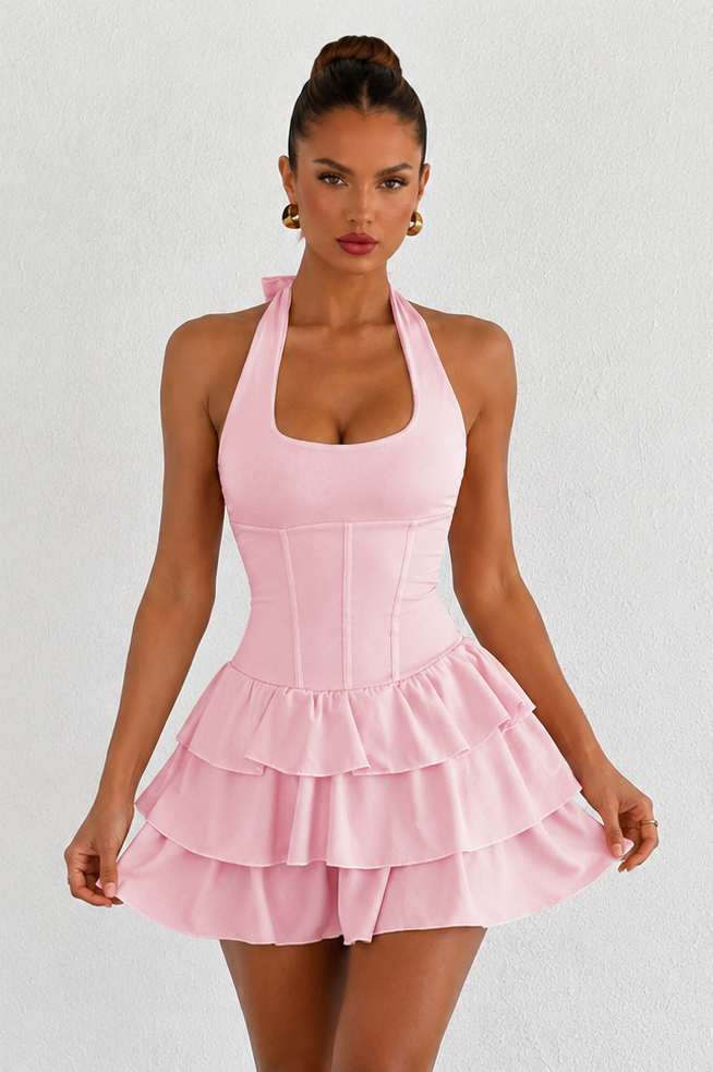 Women's Halter Neck Ruffle Summer Mini Dress