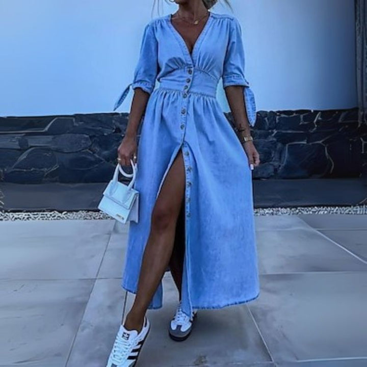 Women’s Button-Front V-Neck Maxi Dress