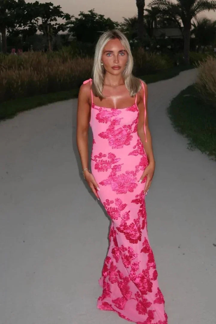 Women’s Pink Floral Maxi Dress with Tie Straps