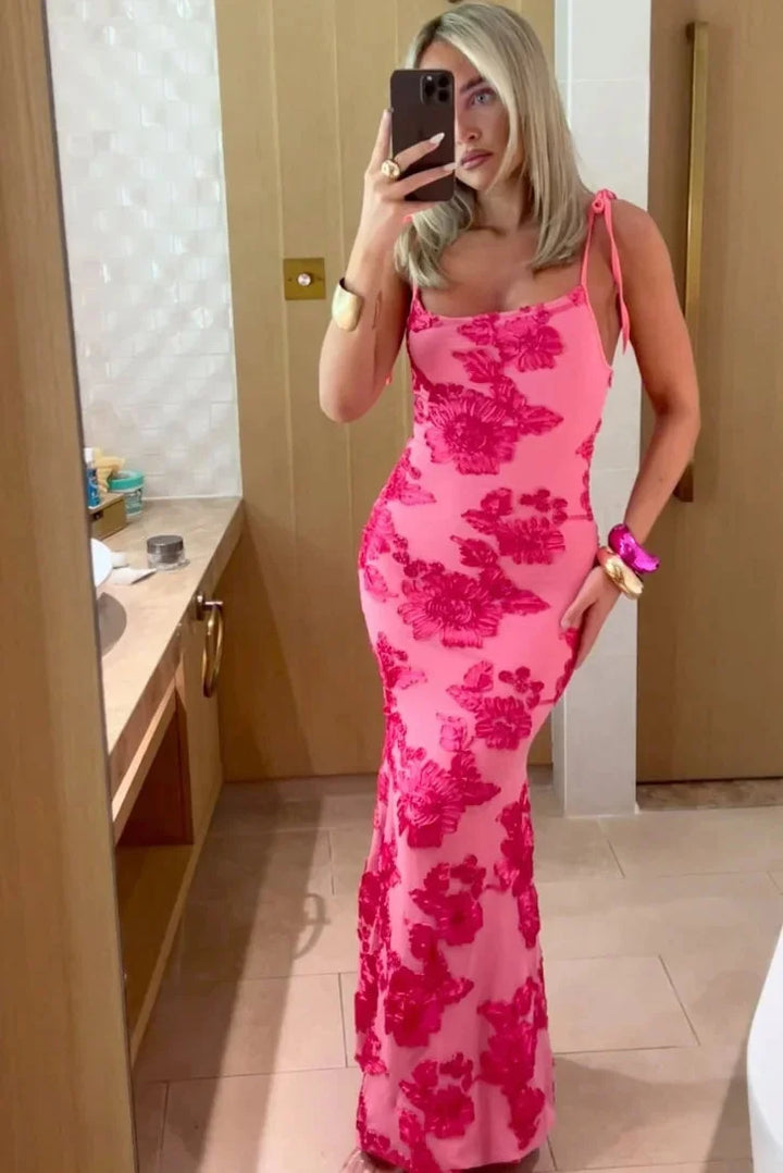Women’s Pink Floral Maxi Dress with Tie Straps