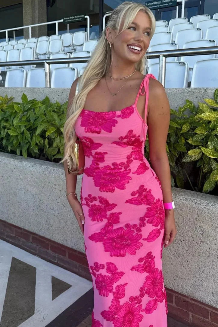 Women’s Pink Floral Maxi Dress with Tie Straps