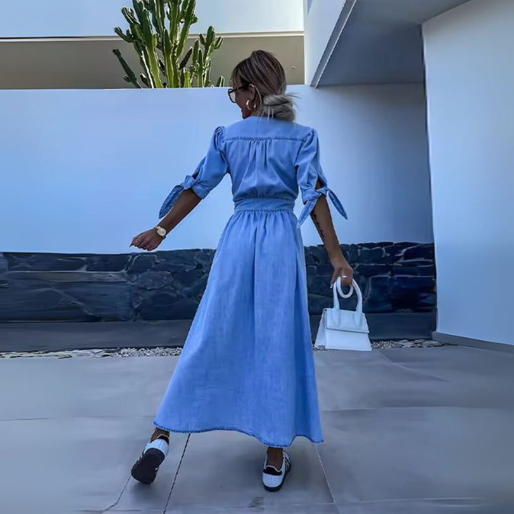 Women’s Button-Front V-Neck Maxi Dress