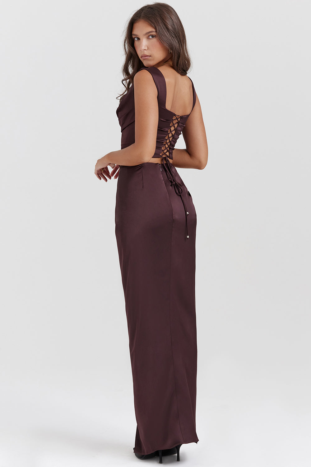 Women’s Satin Corset Top and Draped Maxi Skirt Two-Piece Set with Split