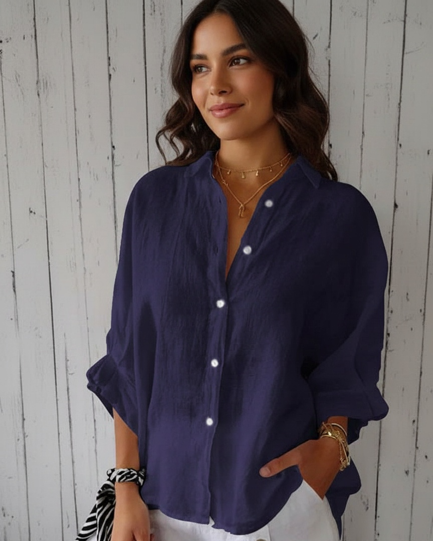 Women’s Cotton Linen Button-Front Shirt with Back Tie