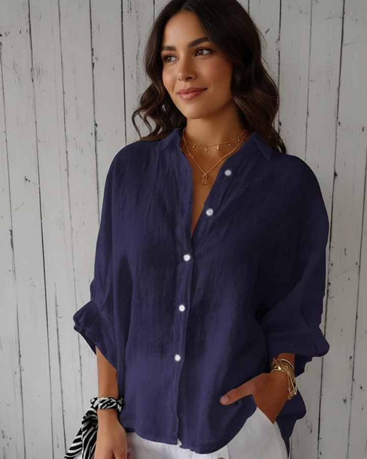 Women’s Cotton Linen Button-Front Shirt with Back Tie