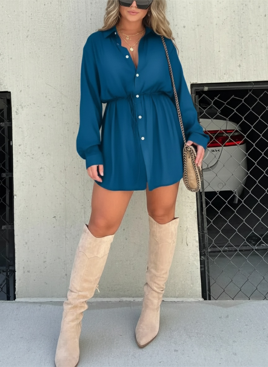 Women’s Long Sleeve Button-Front Shirt Playsuit Dress with Adjustable Waist Tie and Built-In Shorts