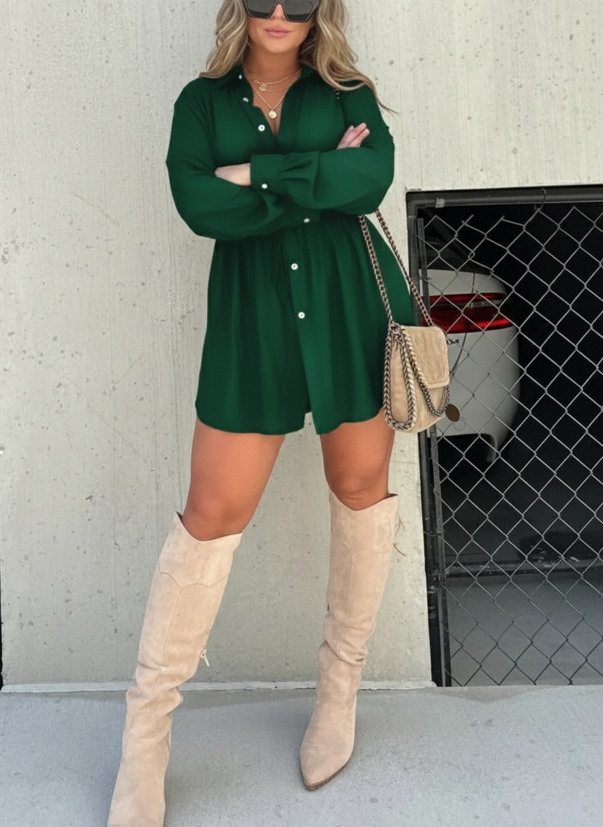 Women’s Long Sleeve Button-Front Shirt Playsuit Dress with Adjustable Waist Tie and Built-In Shorts