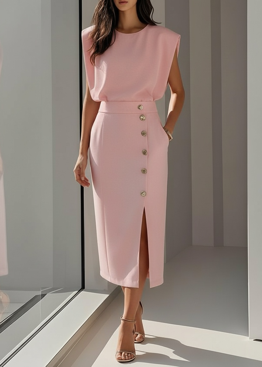 Women’s Sleeveless Midi Dress with Button Detail and Side Slit