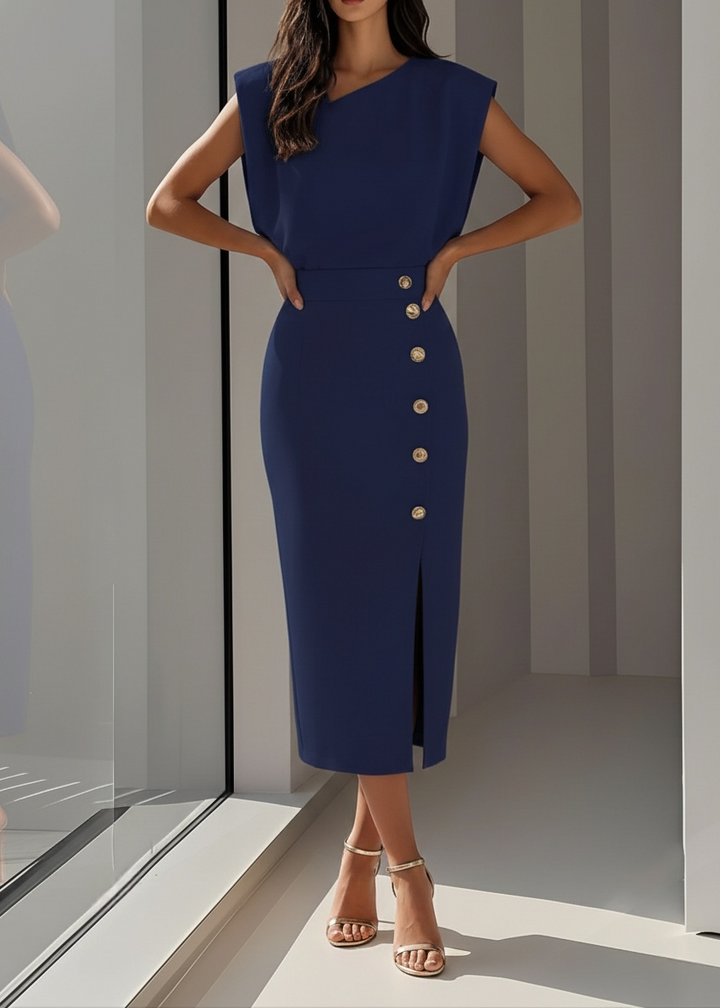 Women’s Sleeveless Midi Dress with Button Detail and Side Slit