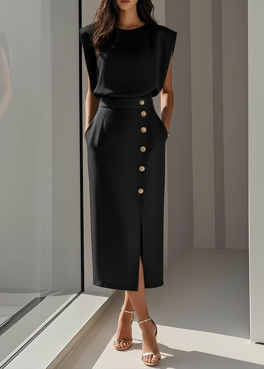 Women’s Sleeveless Midi Dress with Button Detail and Side Slit