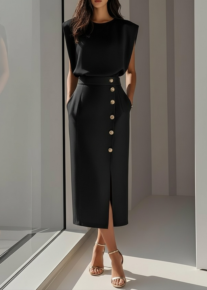 Women’s Sleeveless Midi Dress with Button Detail and Side Slit