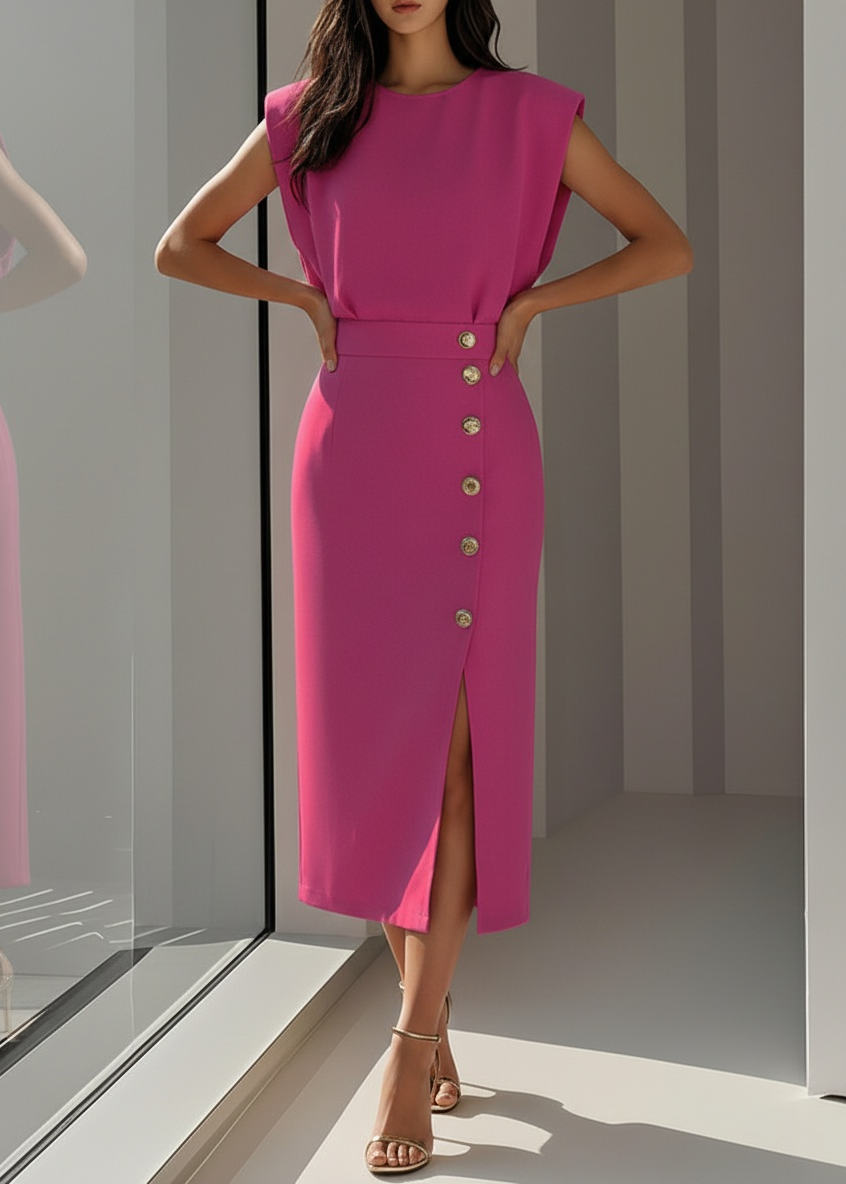 Women’s Sleeveless Midi Dress with Button Detail and Side Slit