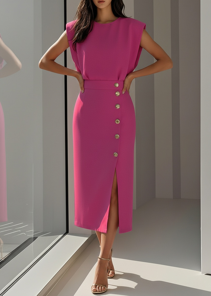 Women’s Sleeveless Midi Dress with Button Detail and Side Slit
