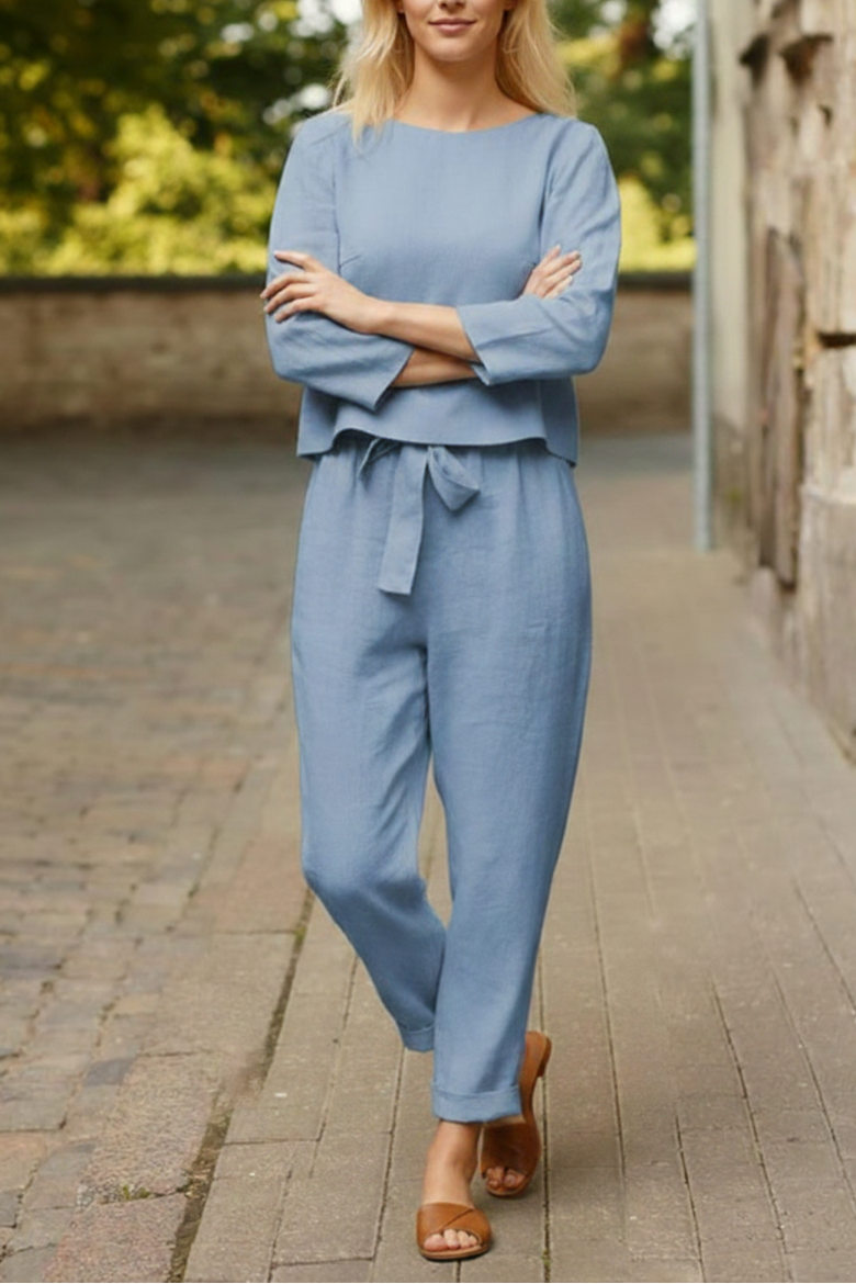 Women’s Relaxed Boat Neck Top Two Piece Set with Tie Front Pants