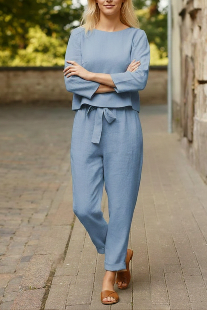 Women’s Relaxed Boat Neck Top Two Piece Set with Tie Front Pants