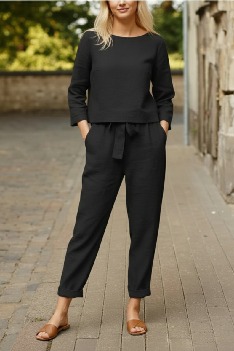 Women’s Relaxed Boat Neck Top Two Piece Set with Tie Front Pants