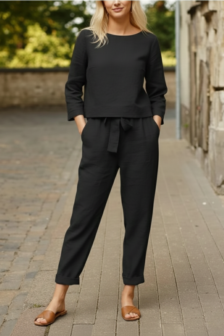 Women’s Relaxed Boat Neck Top Two Piece Set with Tie Front Pants