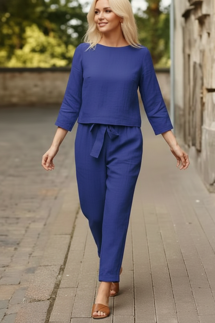 Women’s Relaxed Boat Neck Top Two Piece Set with Tie Front Pants