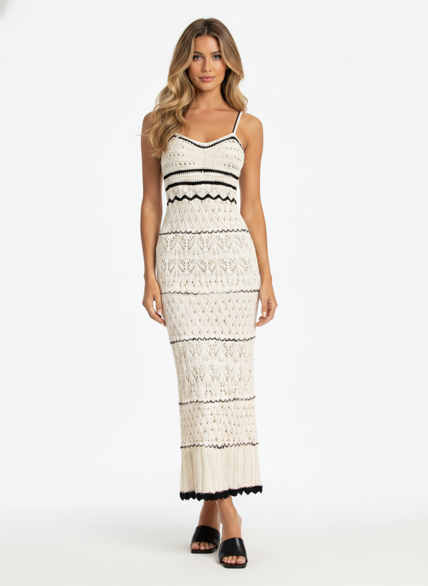 Women’s Knit Crochet Midi Dress with Slim Straps