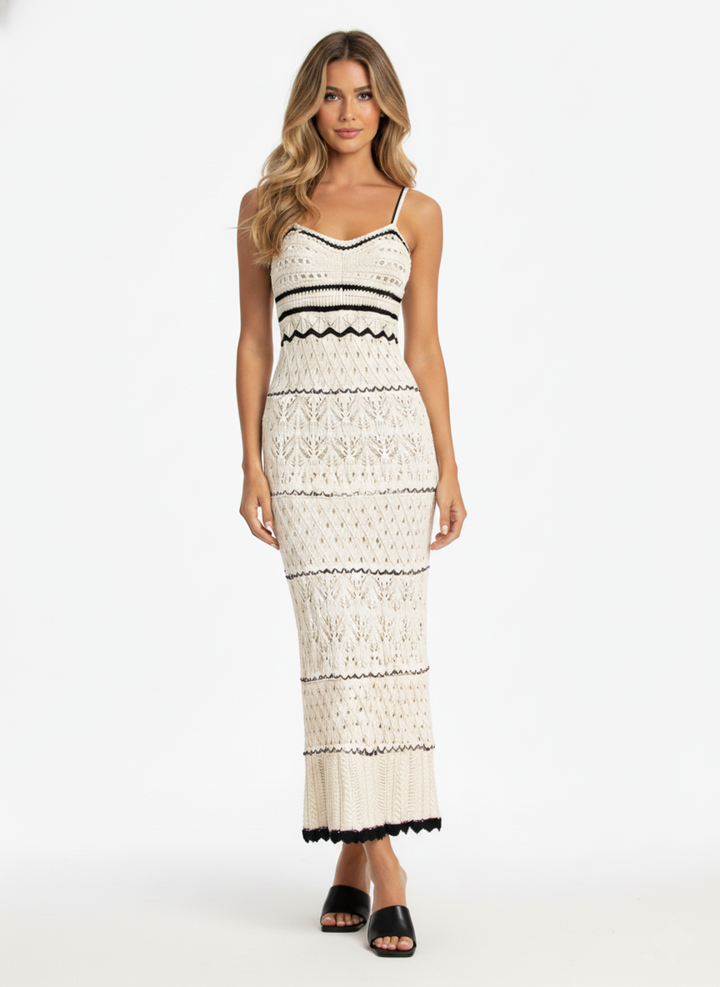 Women’s Knit Crochet Midi Dress with Slim Straps