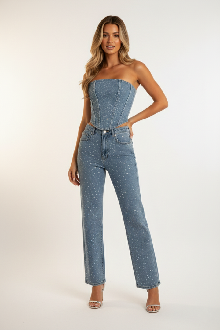 Women’s Strapless Denim Top Sequin Two-piece with High-Waist Pants