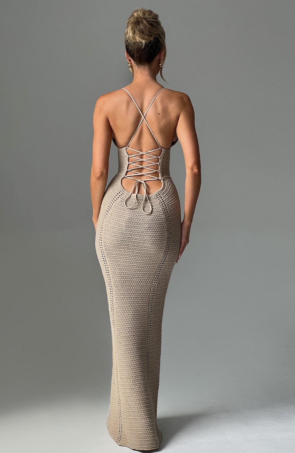 Women’s Crochet Knit Maxi Dress with Lace-Up Back