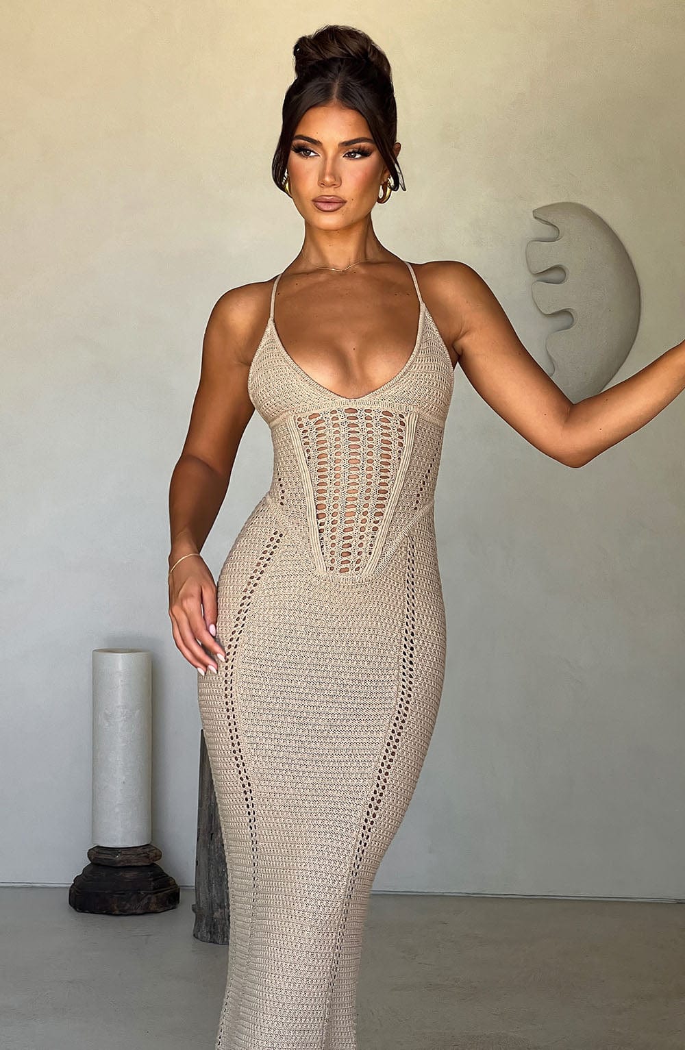 Women’s Crochet Knit Maxi Dress with Lace-Up Back