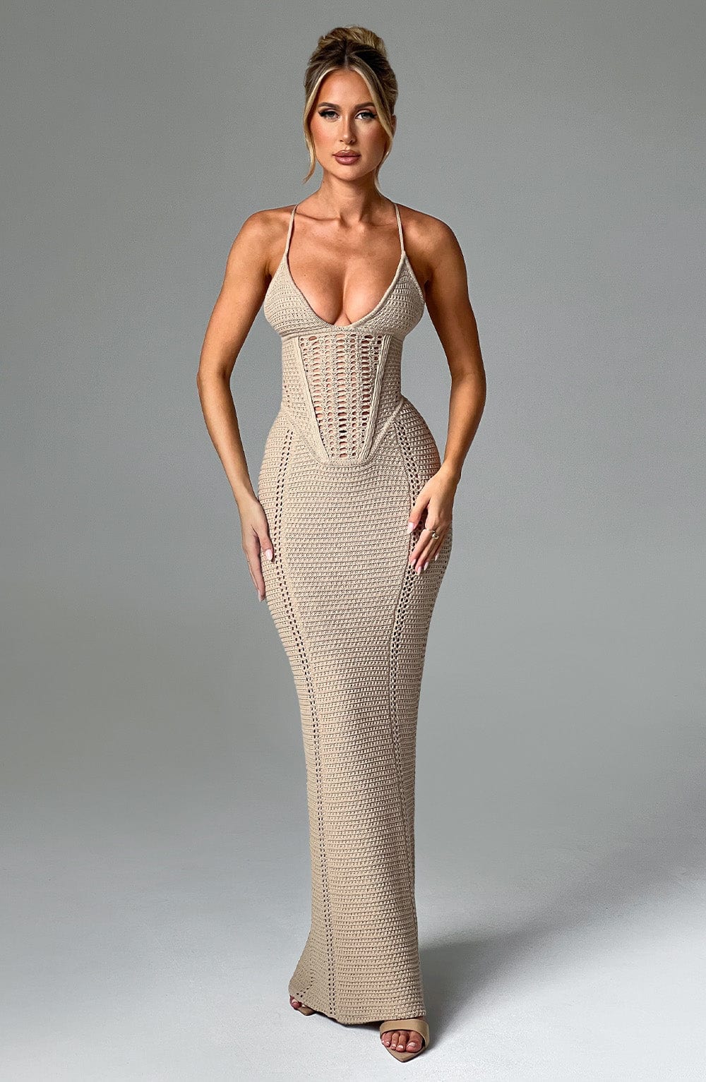 Women’s Crochet Knit Maxi Dress with Lace-Up Back