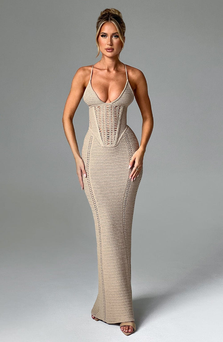 Women’s Crochet Knit Maxi Dress with Lace-Up Back