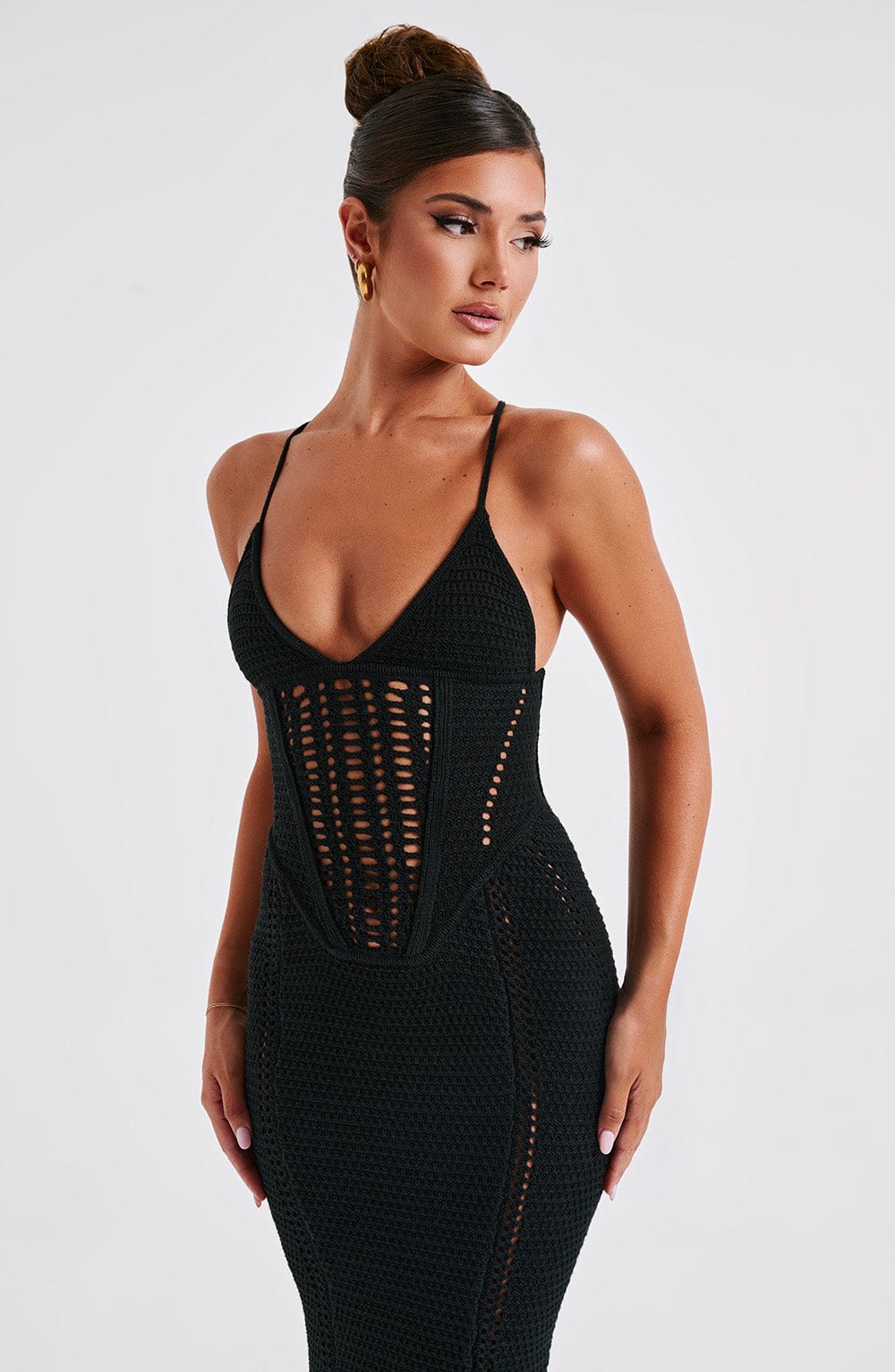 Women’s Crochet Knit Maxi Dress with Lace-Up Back