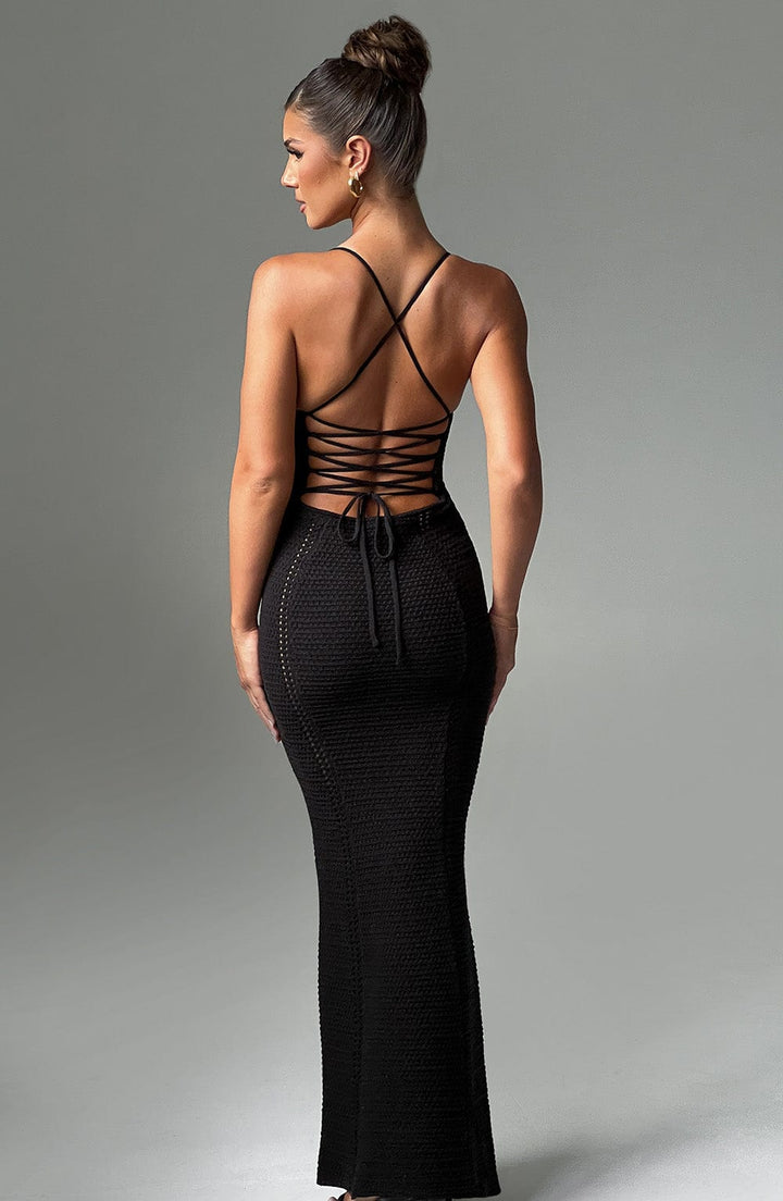 Women’s Crochet Knit Maxi Dress with Lace-Up Back