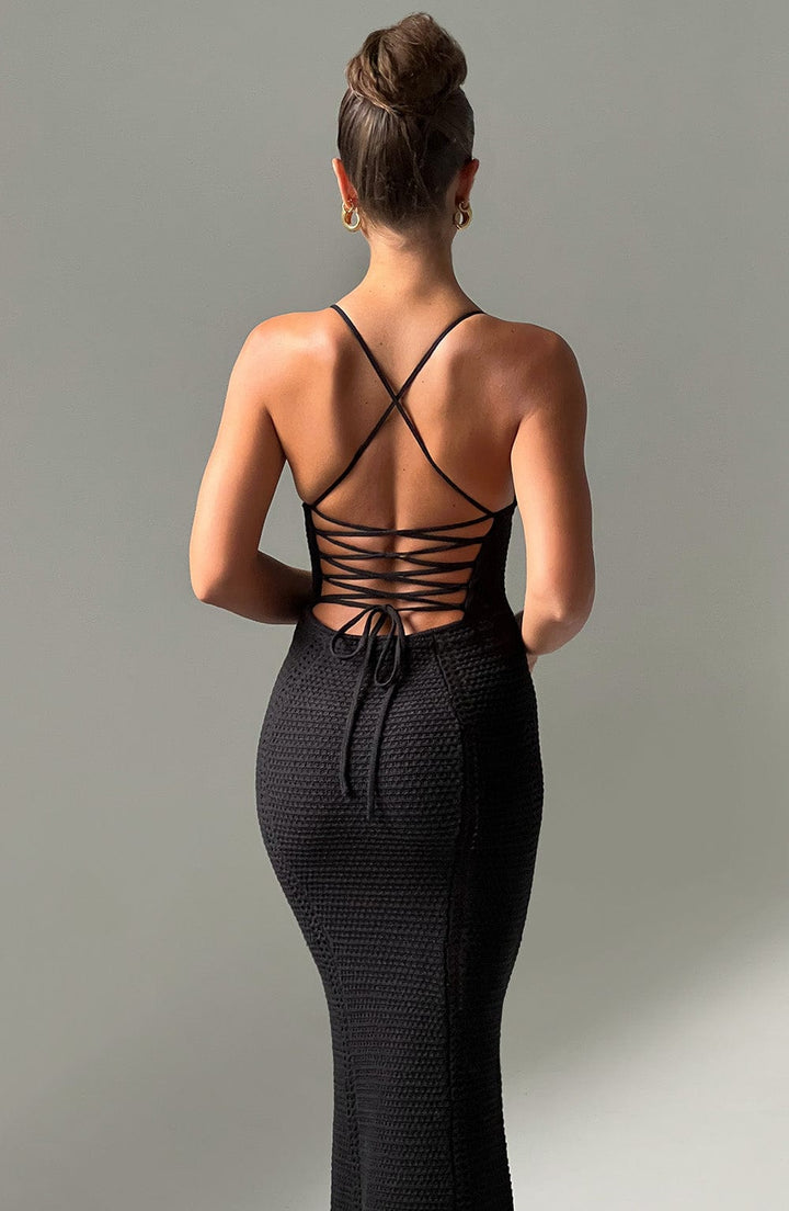 Women’s Crochet Knit Maxi Dress with Lace-Up Back